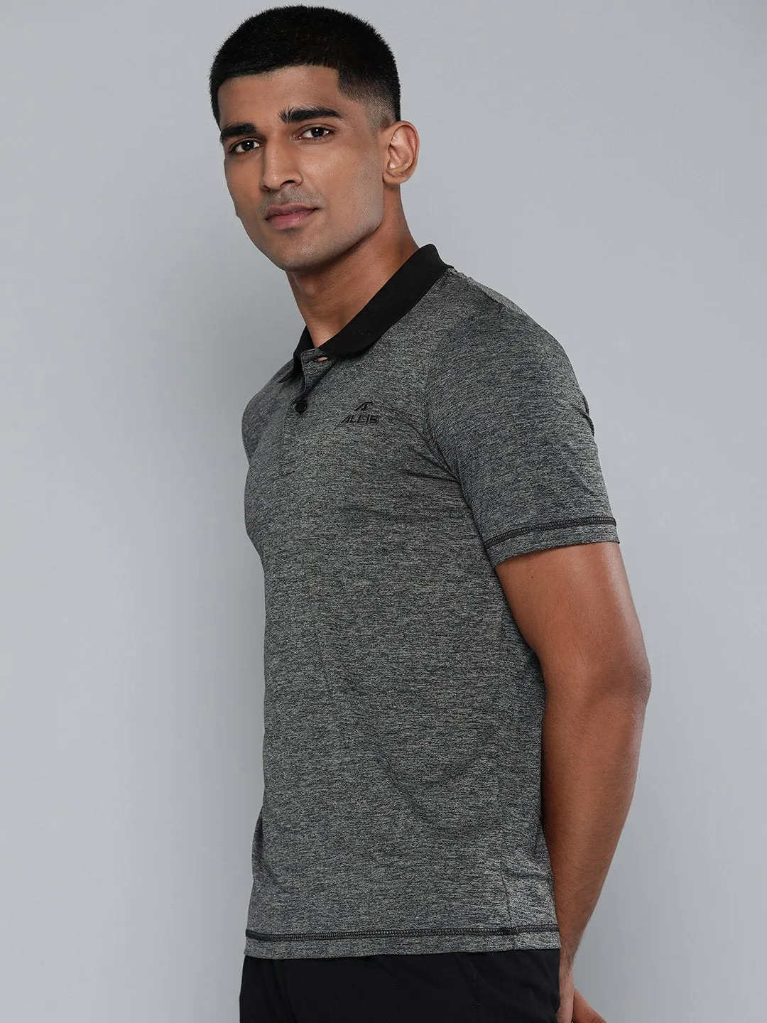 Alcis Men Charcoal Grey Solid Polo Collar Slim Fit T-shirt