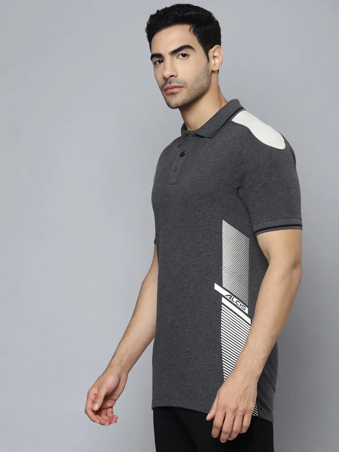 Alcis Men Charcoal Printed Polo Collar T-shirt