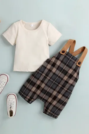 Baby Round Neck Tee Plaid Button Overalls Set by White Label - 100% Polyester Fabric - Available in Sizes 3-24 Months
