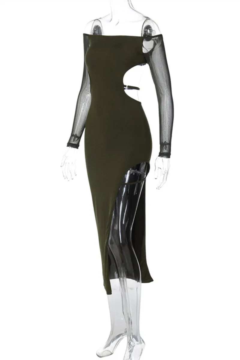 BH754 Cutout Mesh Off Shoulder Dress
