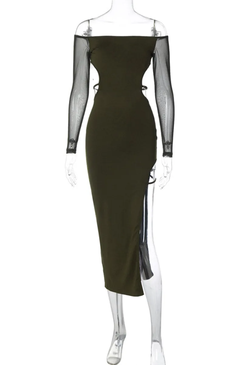 BH754 Cutout Mesh Off Shoulder Dress