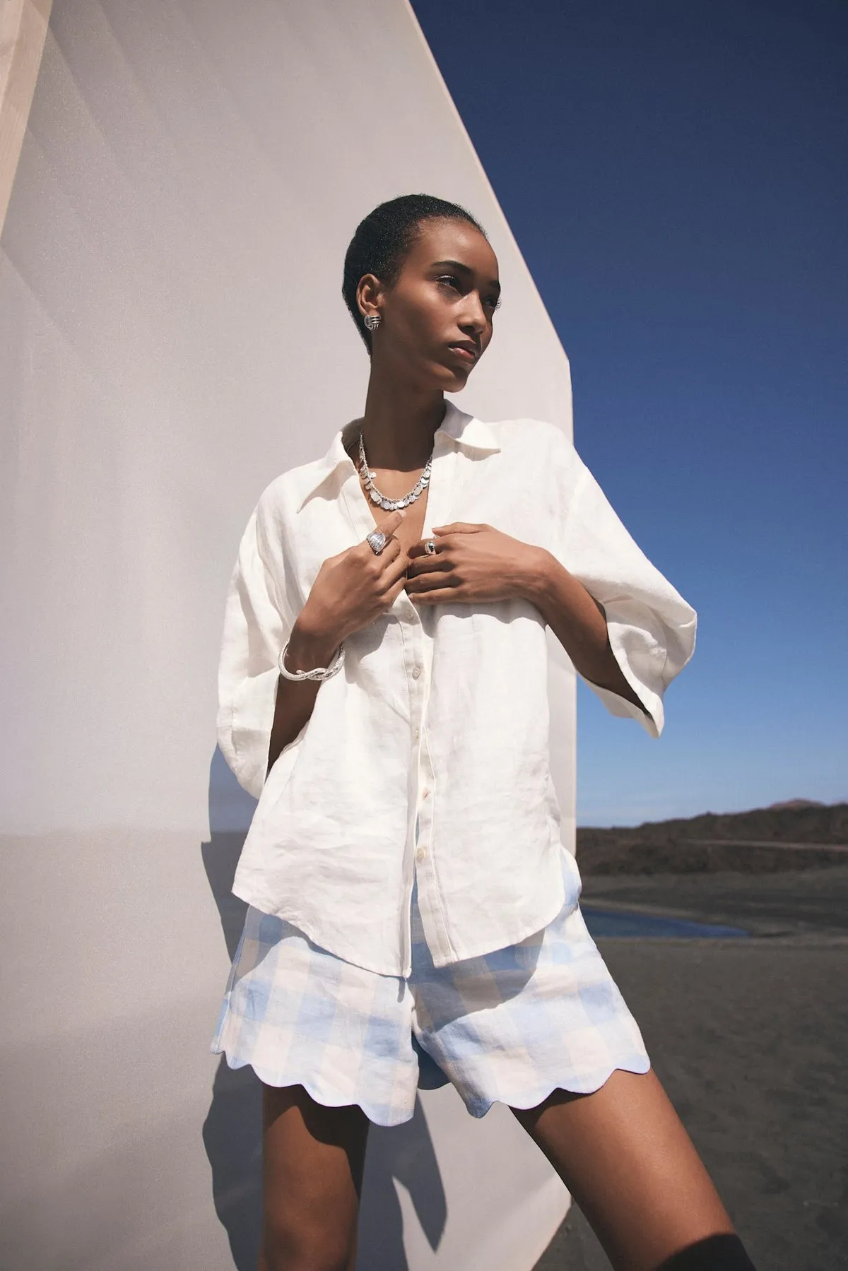 Blue Gingham Linen Shorts