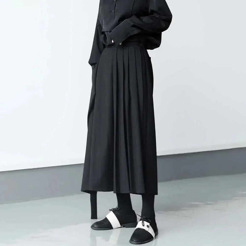 Bonsir Double-layer Pleated Dark Loose Nine-point Wide-leg Pants Unisex Versatile High-waisted Tight-waisted Straight Culottes