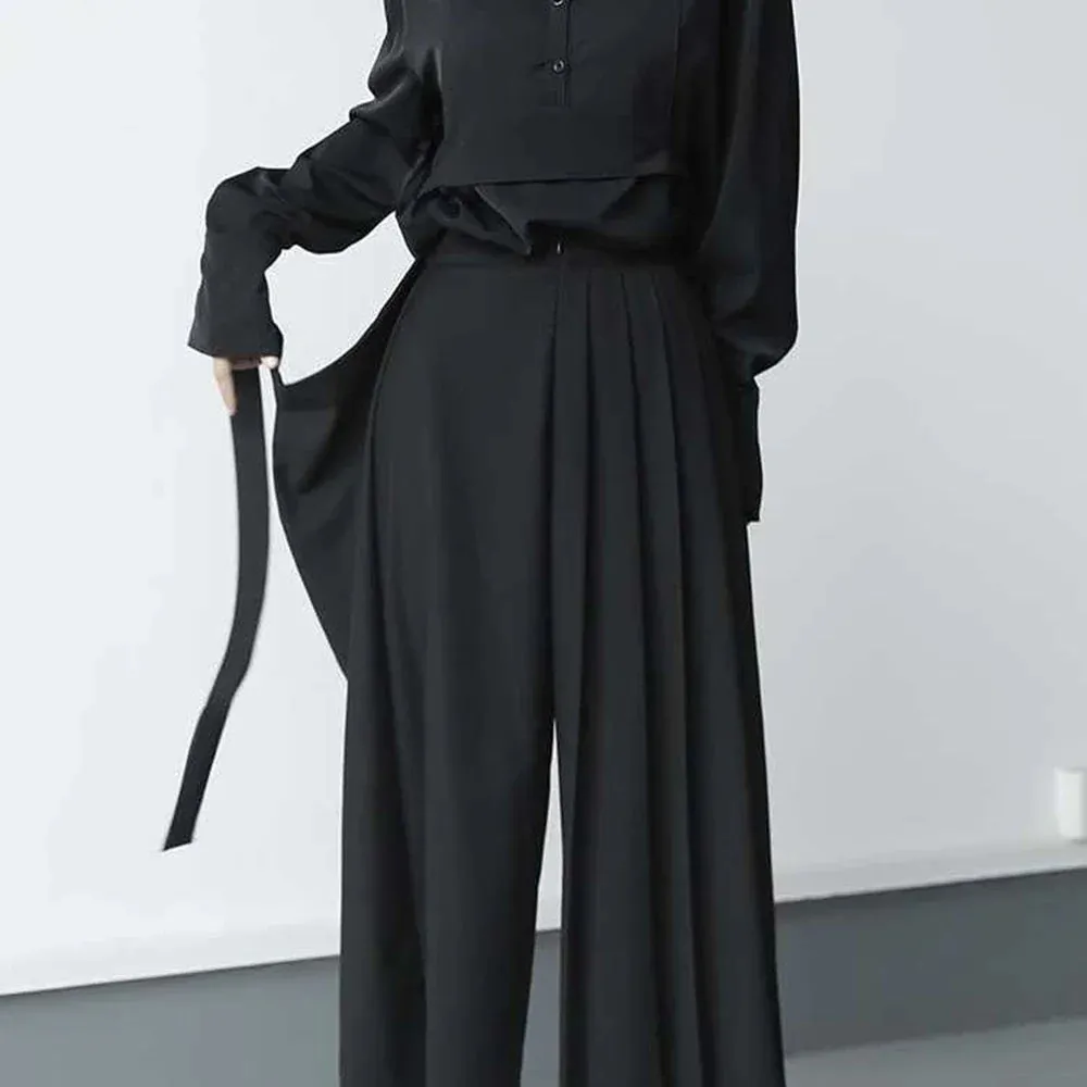 Bonsir Double-layer Pleated Dark Loose Nine-point Wide-leg Pants Unisex Versatile High-waisted Tight-waisted Straight Culottes