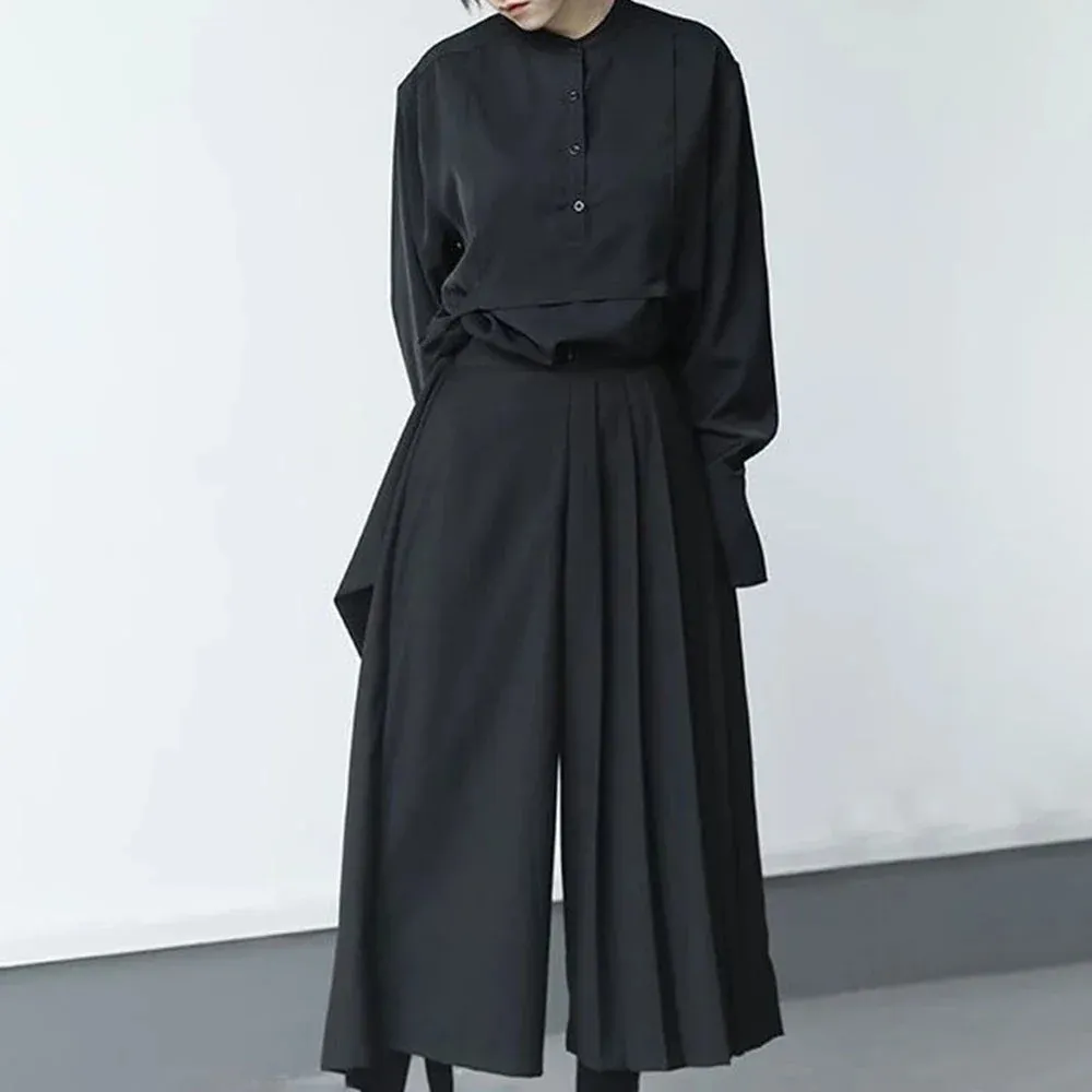 Bonsir Double-layer Pleated Dark Loose Nine-point Wide-leg Pants Unisex Versatile High-waisted Tight-waisted Straight Culottes