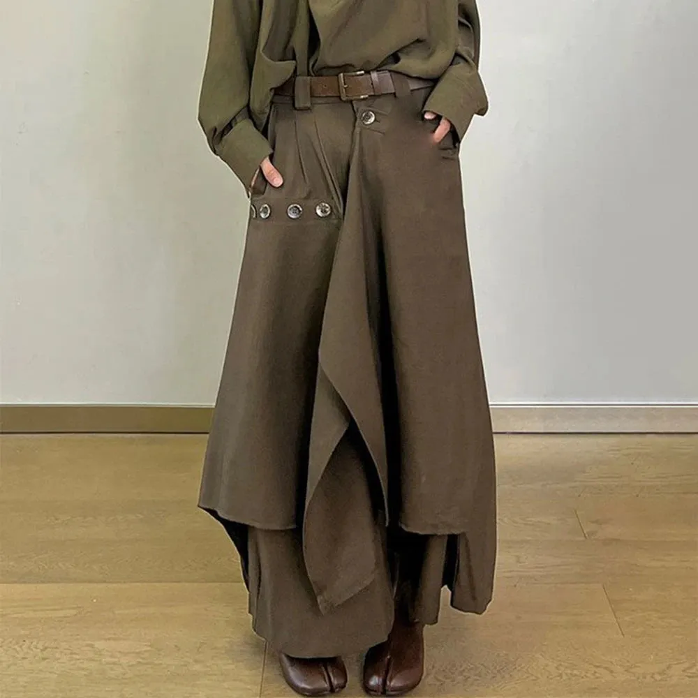 Bonsir Mens Ruched Irregular Japanese Casual Culottes 2024 New Genderless Fashion Youth Retro Solid Color Loose Wide Leg Pants Unisex