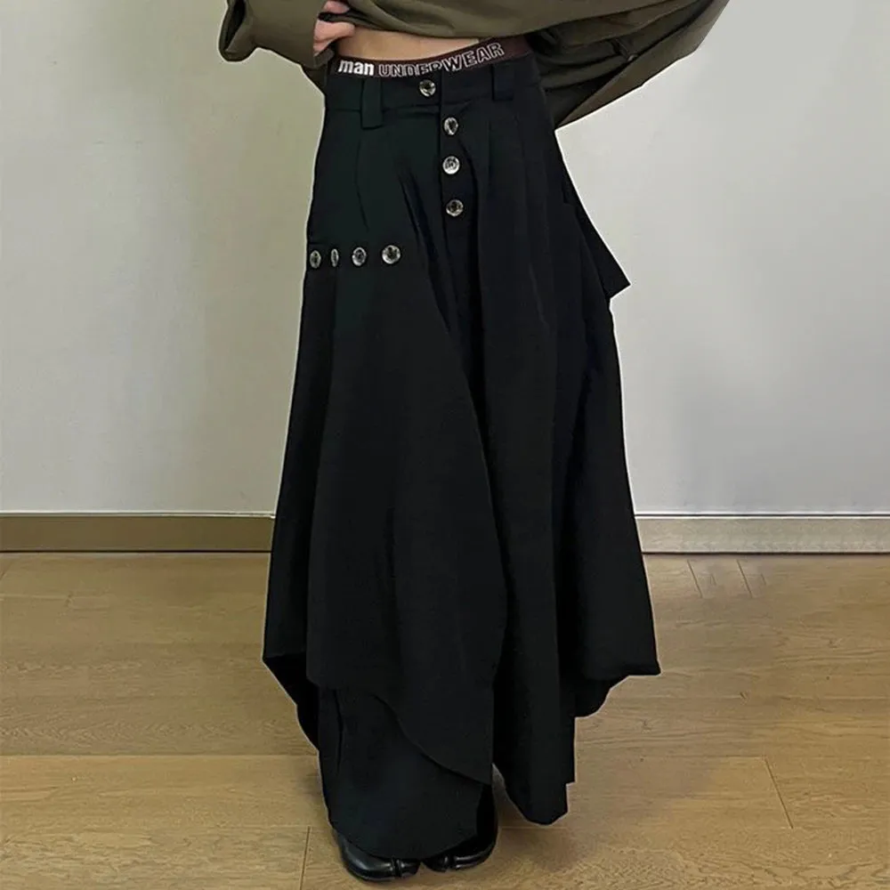 Bonsir Mens Ruched Irregular Japanese Casual Culottes 2024 New Genderless Fashion Youth Retro Solid Color Loose Wide Leg Pants Unisex