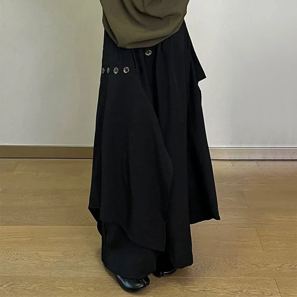 Bonsir Mens Ruched Irregular Japanese Casual Culottes 2024 New Genderless Fashion Youth Retro Solid Color Loose Wide Leg Pants Unisex