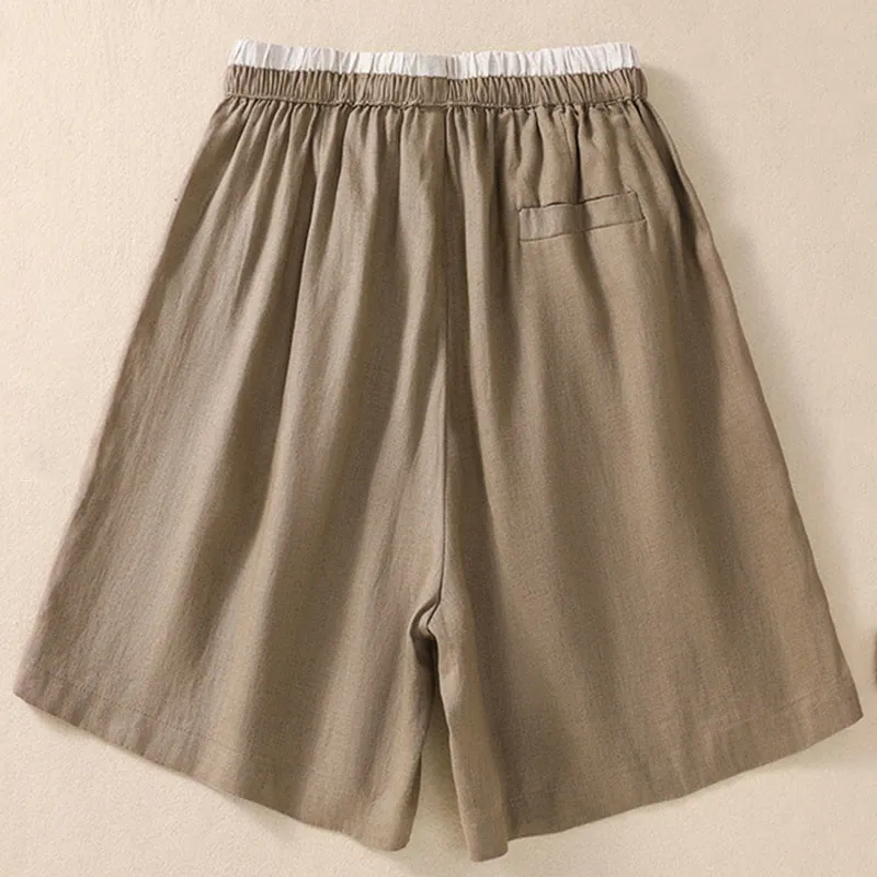 Buddha Stones Solid Color Contrast Color Waist Lace-up Cotton Linen Women's Shorts With Pockets