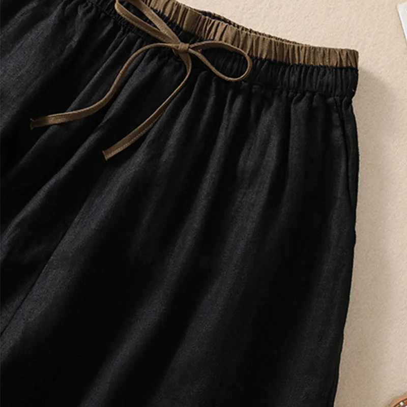 Buddha Stones Solid Color Contrast Color Waist Lace-up Cotton Linen Women's Shorts With Pockets