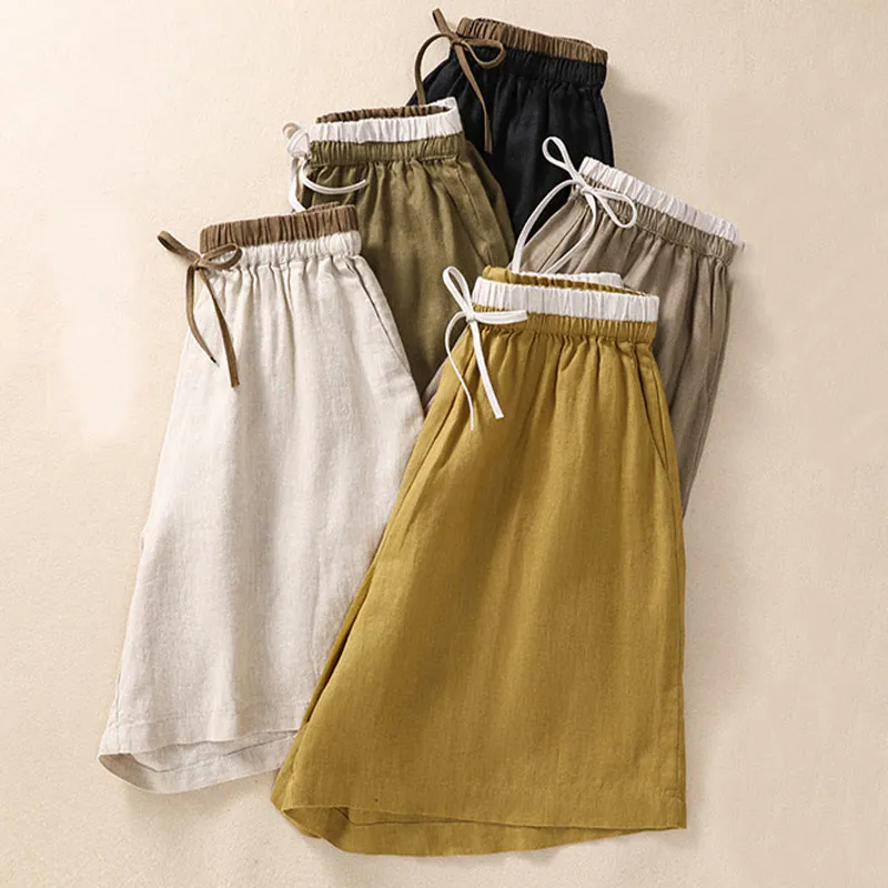 Buddha Stones Solid Color Contrast Color Waist Lace-up Cotton Linen Women's Shorts With Pockets