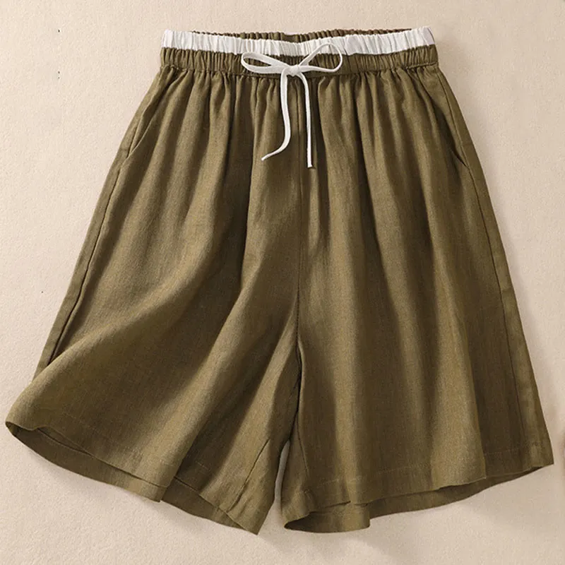 Buddha Stones Solid Color Contrast Color Waist Lace-up Cotton Linen Women's Shorts With Pockets