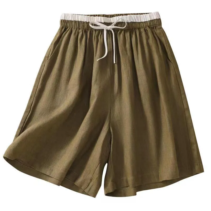 Buddha Stones Solid Color Contrast Color Waist Lace-up Cotton Linen Women's Shorts With Pockets