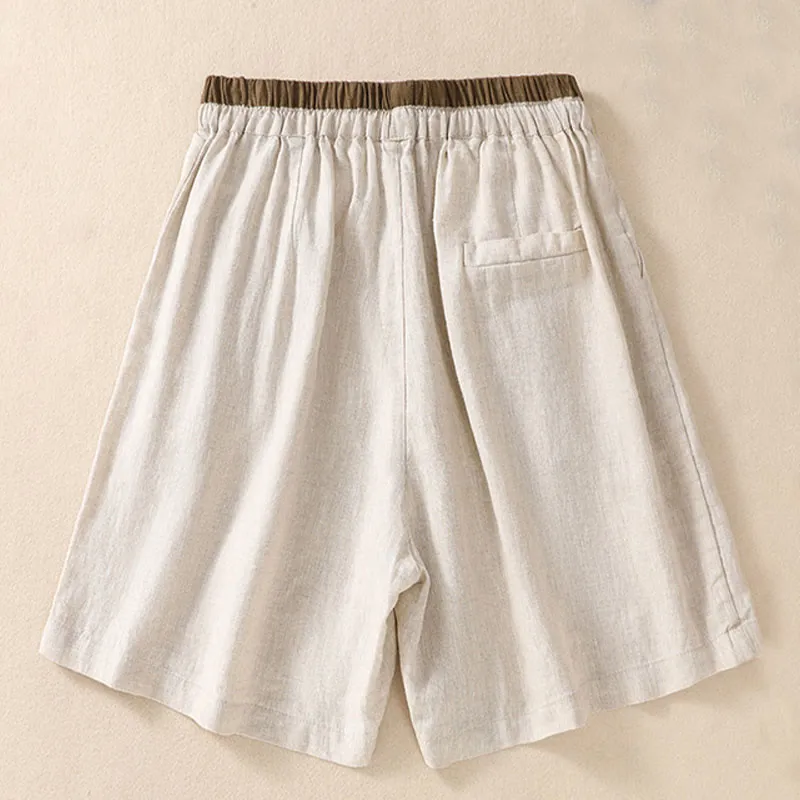 Buddha Stones Solid Color Contrast Color Waist Lace-up Cotton Linen Women's Shorts With Pockets