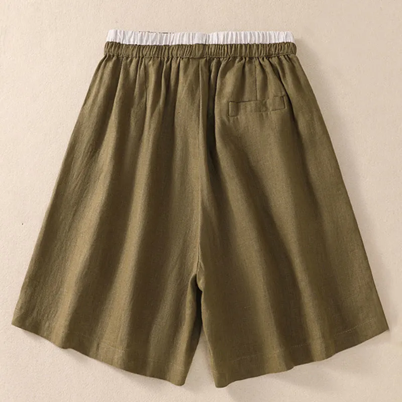 Buddha Stones Solid Color Contrast Color Waist Lace-up Cotton Linen Women's Shorts With Pockets