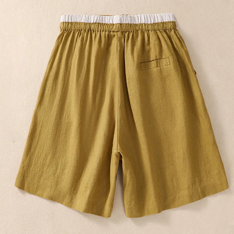 Buddha Stones Solid Color Contrast Color Waist Lace-up Cotton Linen Women's Shorts With Pockets