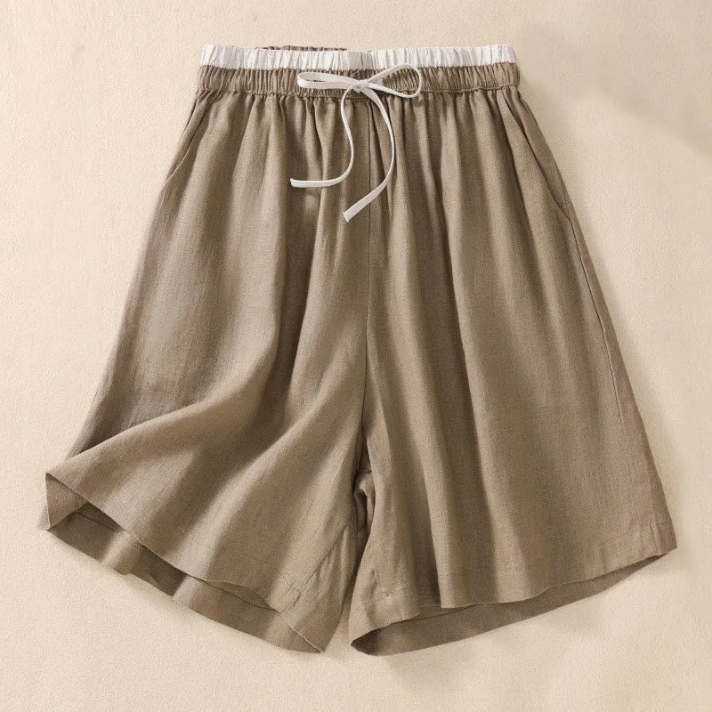 Buddha Stones Solid Color Contrast Color Waist Lace-up Cotton Linen Women's Shorts With Pockets