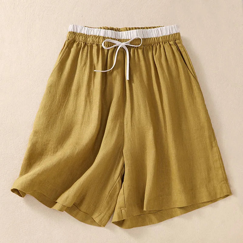 Buddha Stones Solid Color Contrast Color Waist Lace-up Cotton Linen Women's Shorts With Pockets