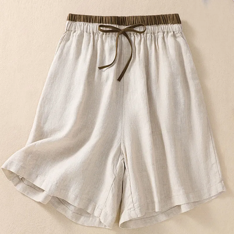 Buddha Stones Solid Color Contrast Color Waist Lace-up Cotton Linen Women's Shorts With Pockets