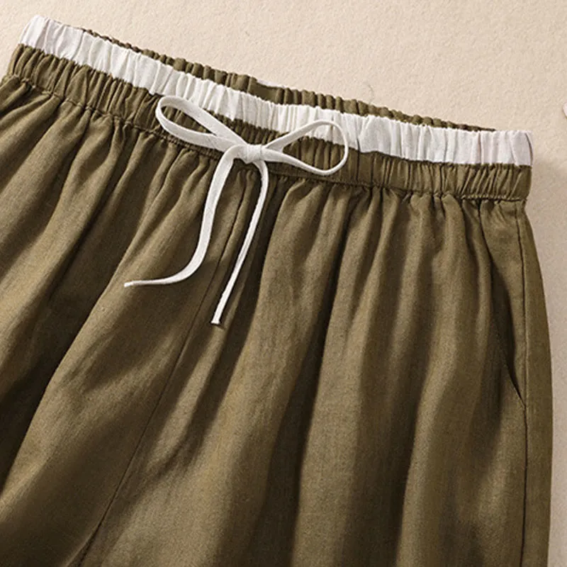 Buddha Stones Solid Color Contrast Color Waist Lace-up Cotton Linen Women's Shorts With Pockets