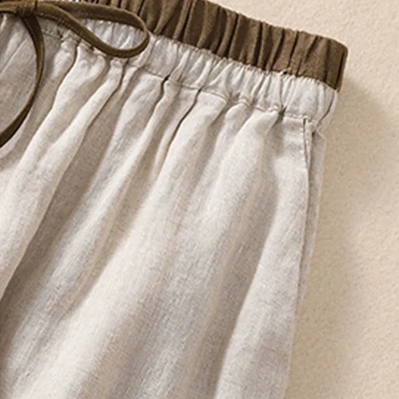 Buddha Stones Solid Color Contrast Color Waist Lace-up Cotton Linen Women's Shorts With Pockets