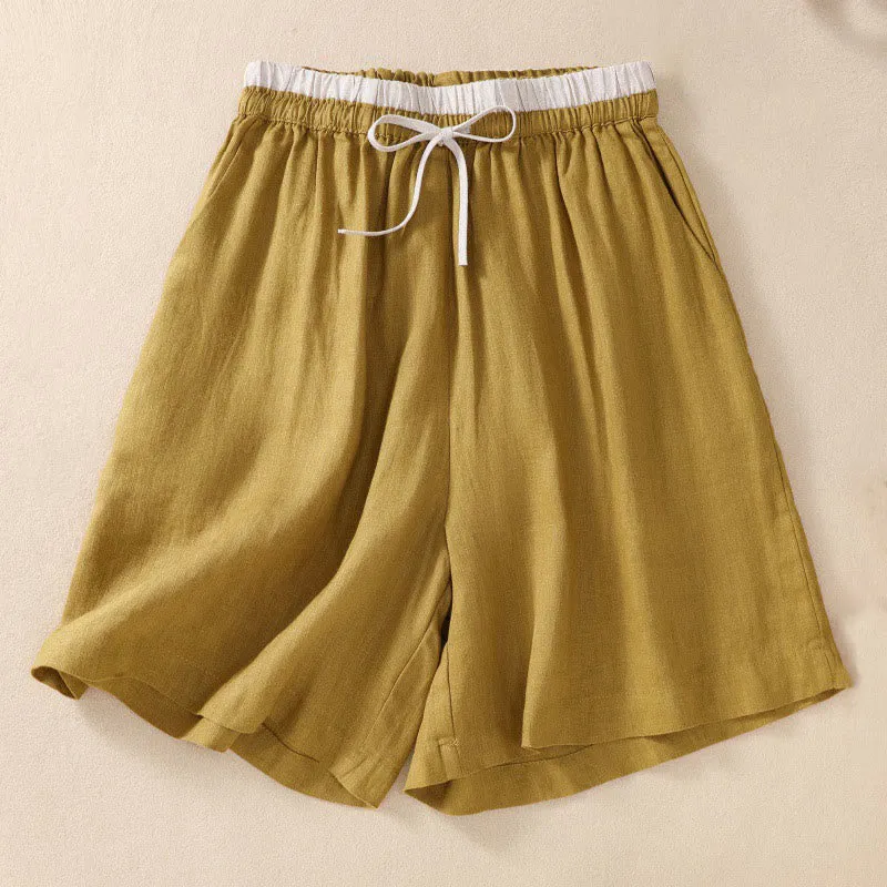Buddha Stones Solid Color Contrast Color Waist Lace-up Cotton Linen Women's Shorts With Pockets