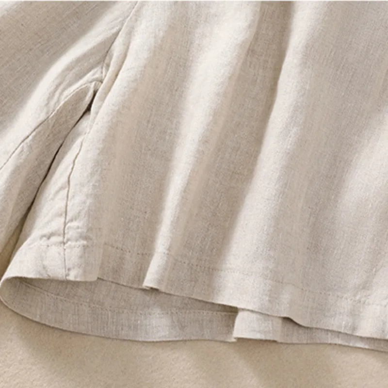 Buddha Stones Solid Color Contrast Color Waist Lace-up Cotton Linen Women's Shorts With Pockets