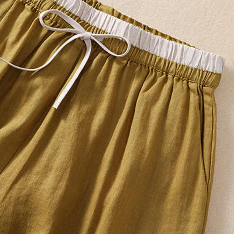 Buddha Stones Solid Color Contrast Color Waist Lace-up Cotton Linen Women's Shorts With Pockets