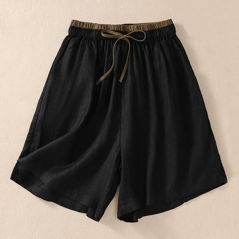 Buddha Stones Solid Color Contrast Color Waist Lace-up Cotton Linen Women's Shorts With Pockets