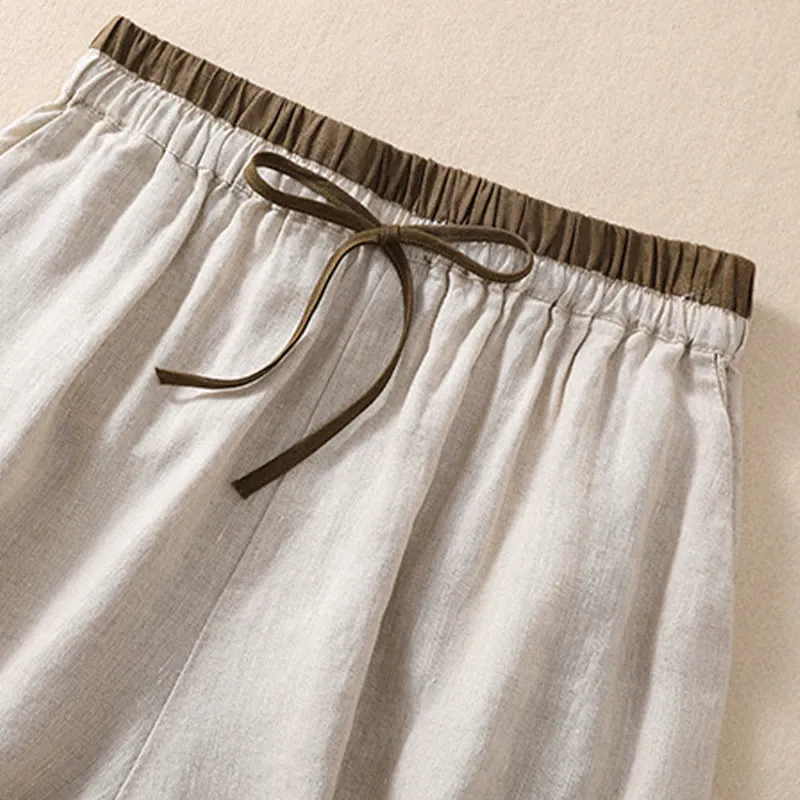 Buddha Stones Solid Color Contrast Color Waist Lace-up Cotton Linen Women's Shorts With Pockets
