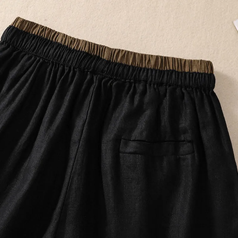 Buddha Stones Solid Color Contrast Color Waist Lace-up Cotton Linen Women's Shorts With Pockets
