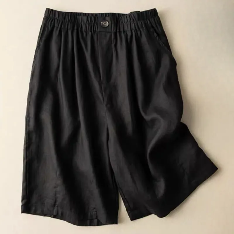 Buddha Stones Summer Casual Plain Zipper Button Cotton Linen Women's Shorts With Pockets