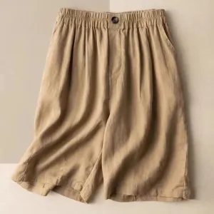 Buddha Stones Summer Casual Plain Zipper Button Cotton Linen Women's Shorts With Pockets