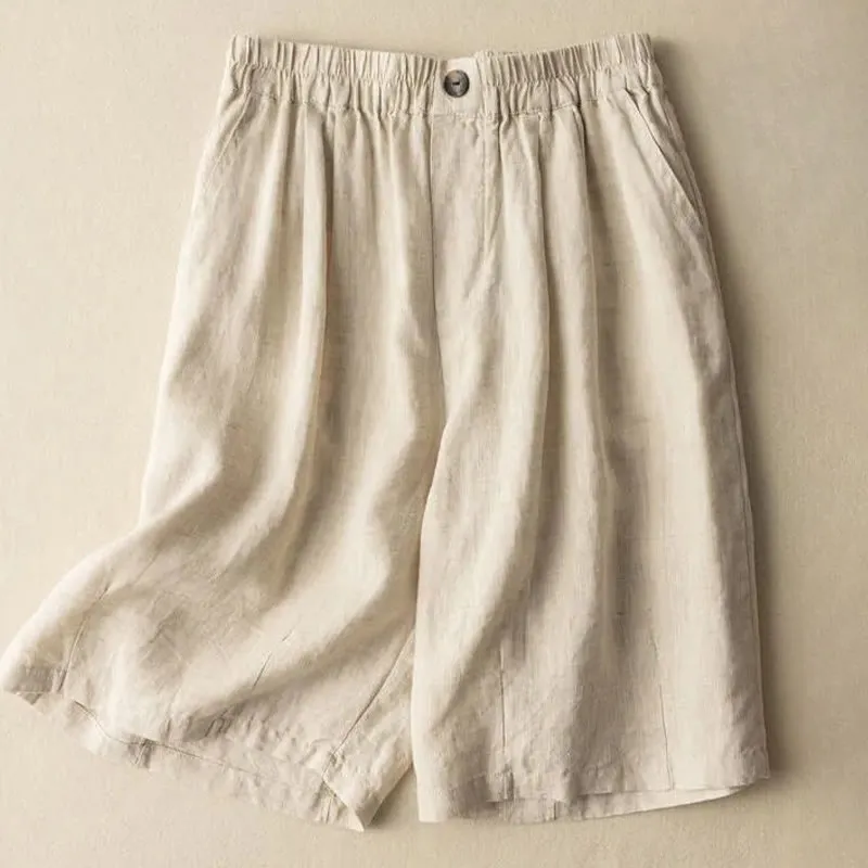 Buddha Stones Summer Casual Plain Zipper Button Cotton Linen Women's Shorts With Pockets