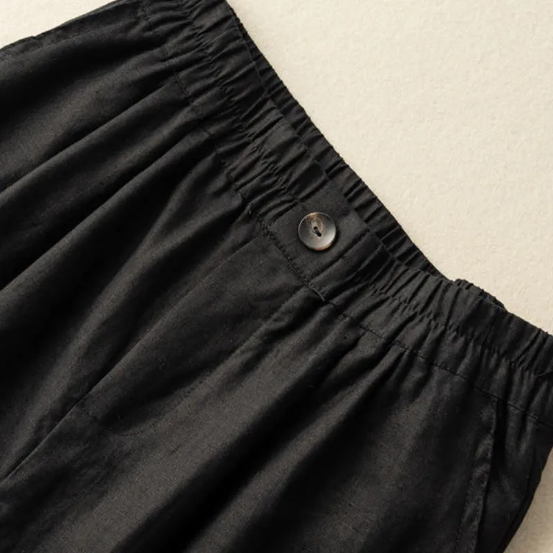 Buddha Stones Summer Casual Plain Zipper Button Cotton Linen Women's Shorts With Pockets