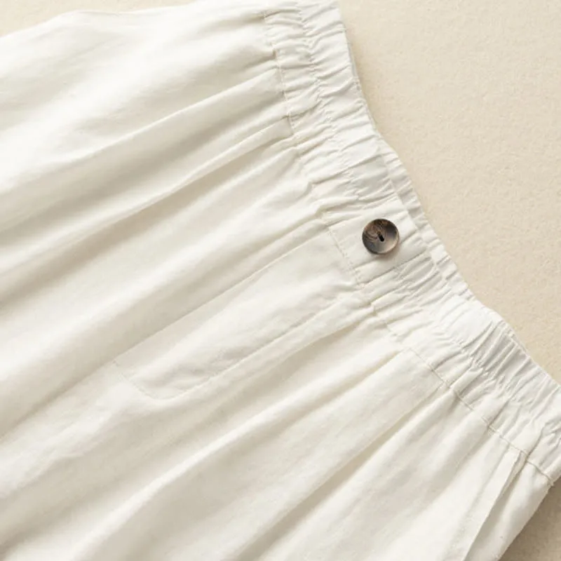 Buddha Stones Summer Casual Plain Zipper Button Cotton Linen Women's Shorts With Pockets