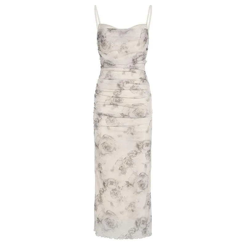 Cowl neck ruched mesh slit flower print cami midi dress