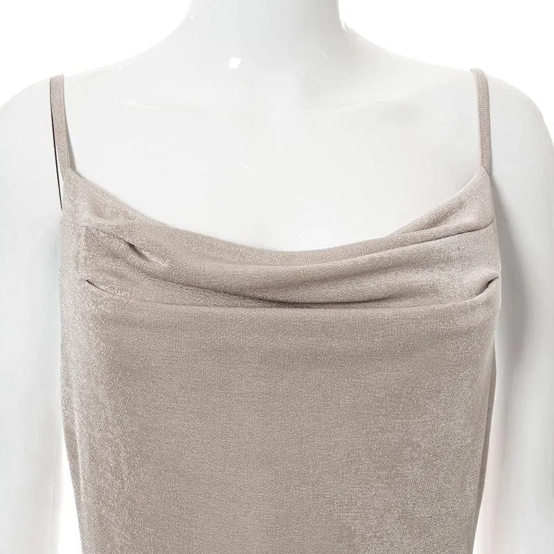 Cowl neck slit backless solid irregular cami midi dress