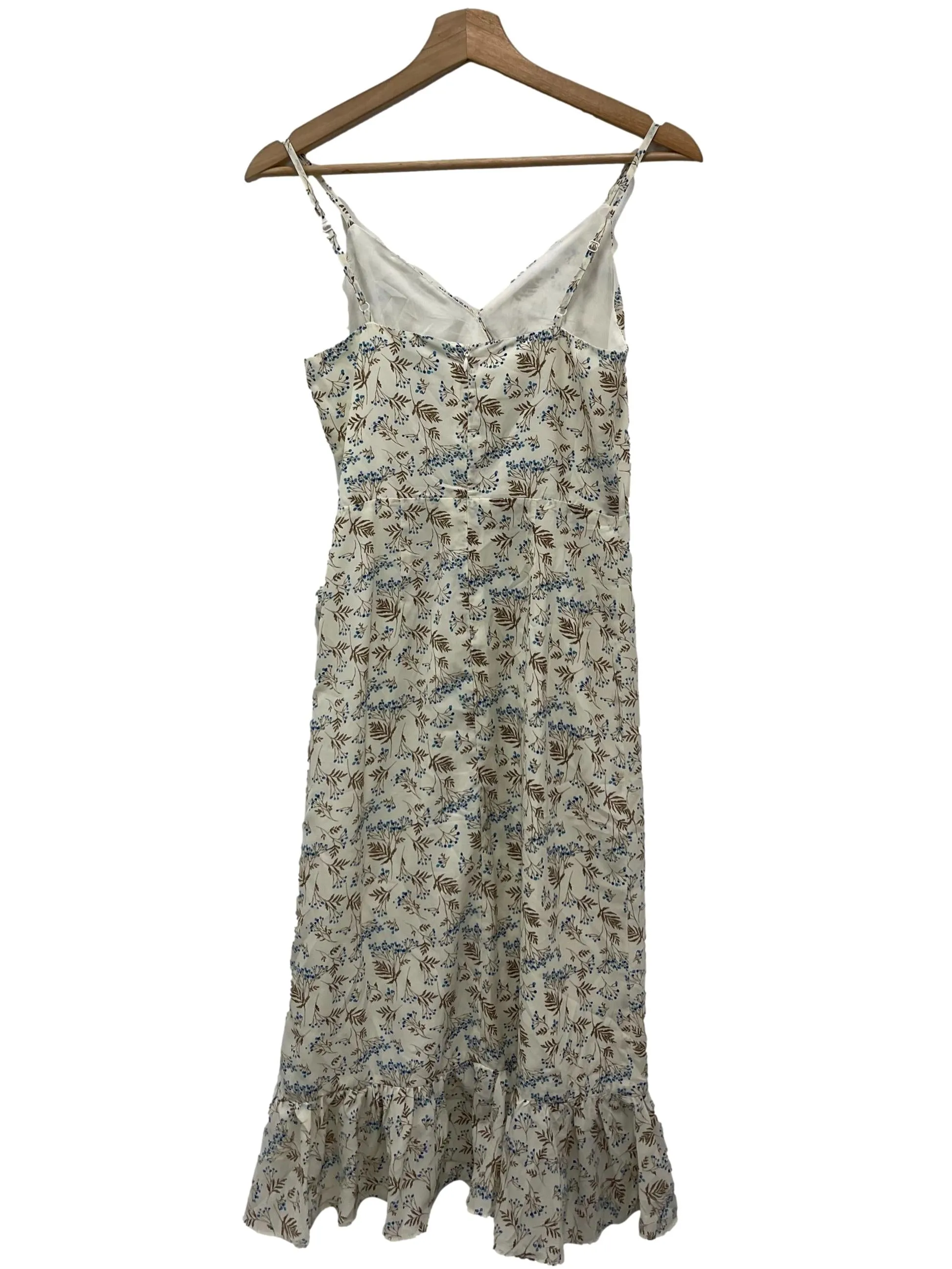 Cream V-Neck Cami Ruffle Dress With Blue Flowers