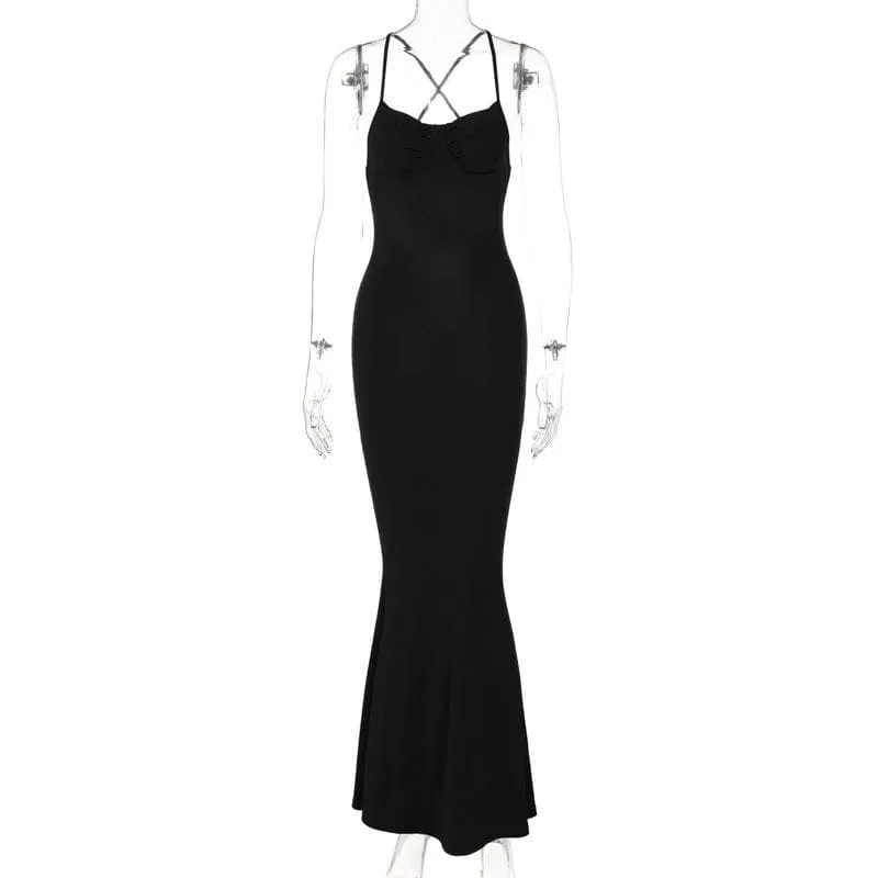 Cross back solid low cut backless cami midi dress