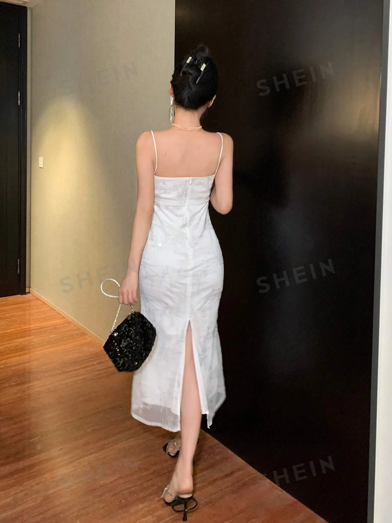 DAZY Banquet & Back To School Lace Patchwork Textured Cami Midi Dress For Women