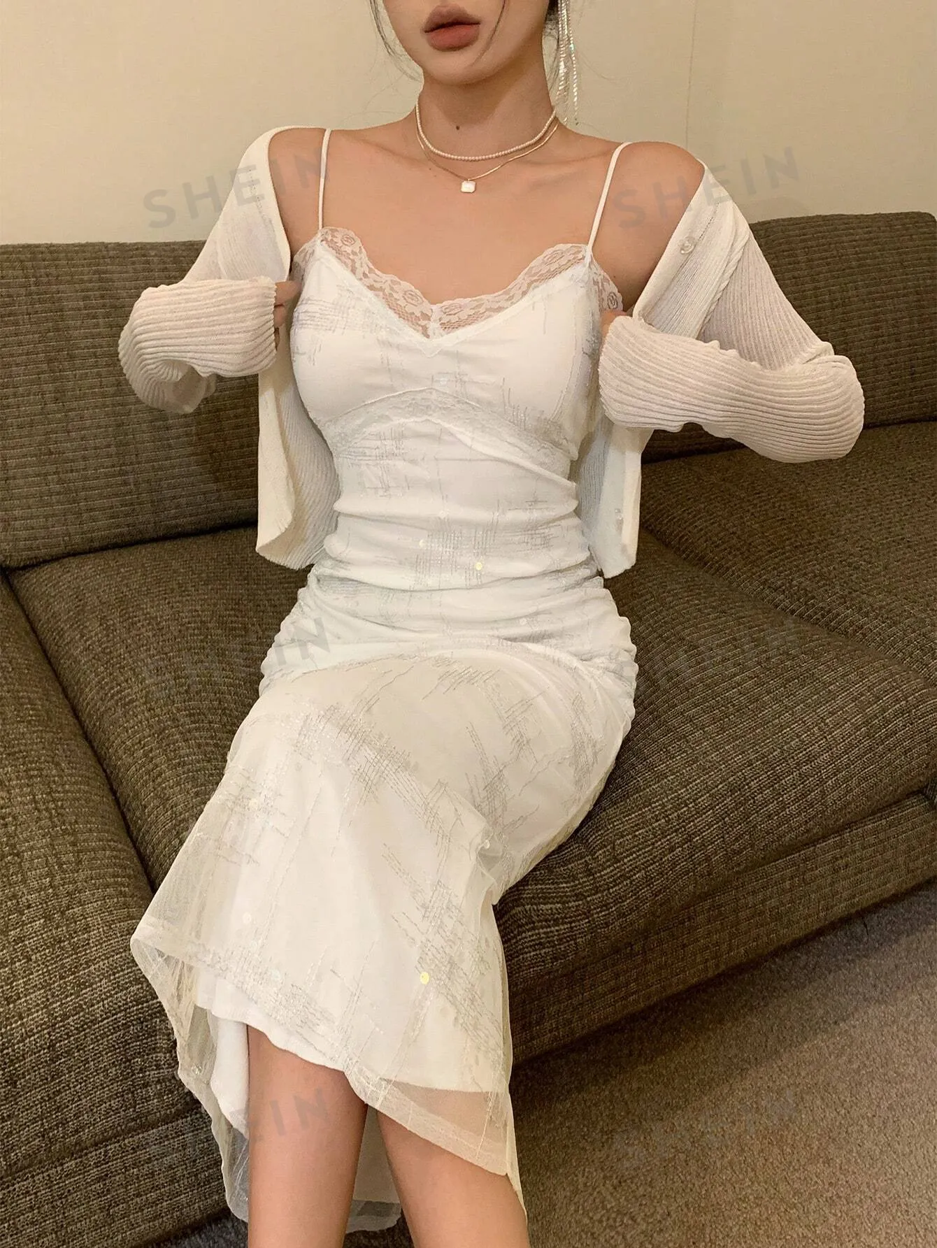 DAZY Banquet & Back To School Lace Patchwork Textured Cami Midi Dress For Women