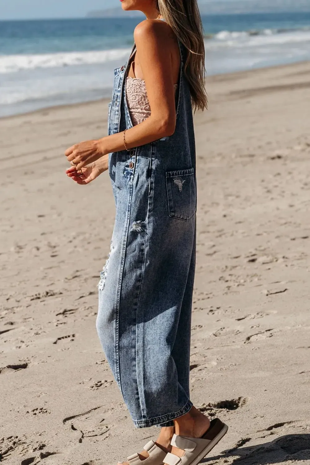 Distressed Bib Pocket Wide Leg Denim Overalls