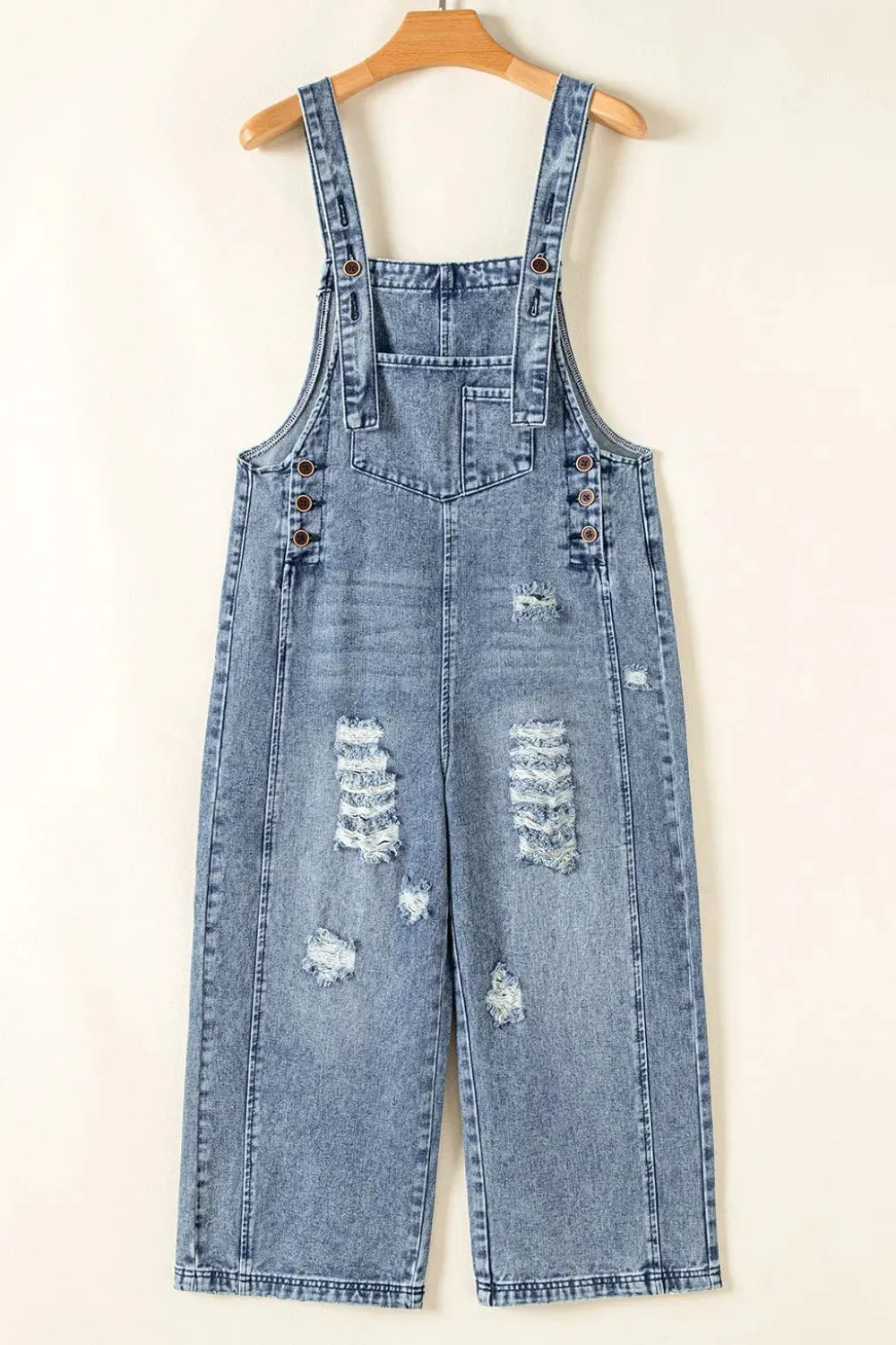 Distressed Bib Pocket Wide Leg Denim Overalls