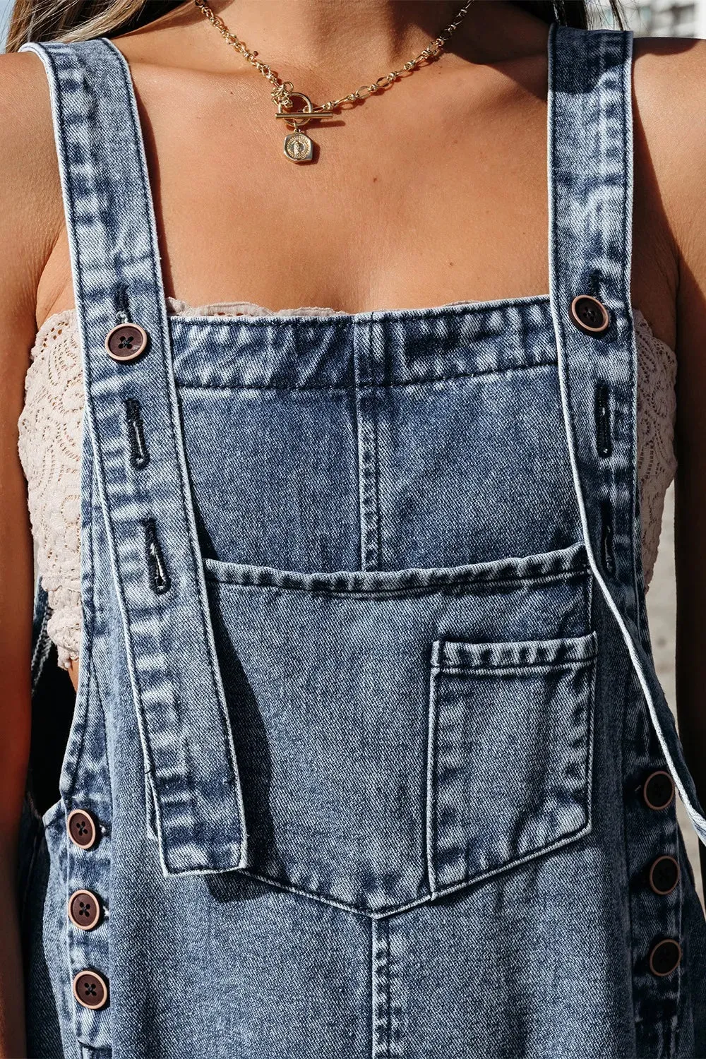 Distressed Bib Pocket Wide Leg Denim Overalls