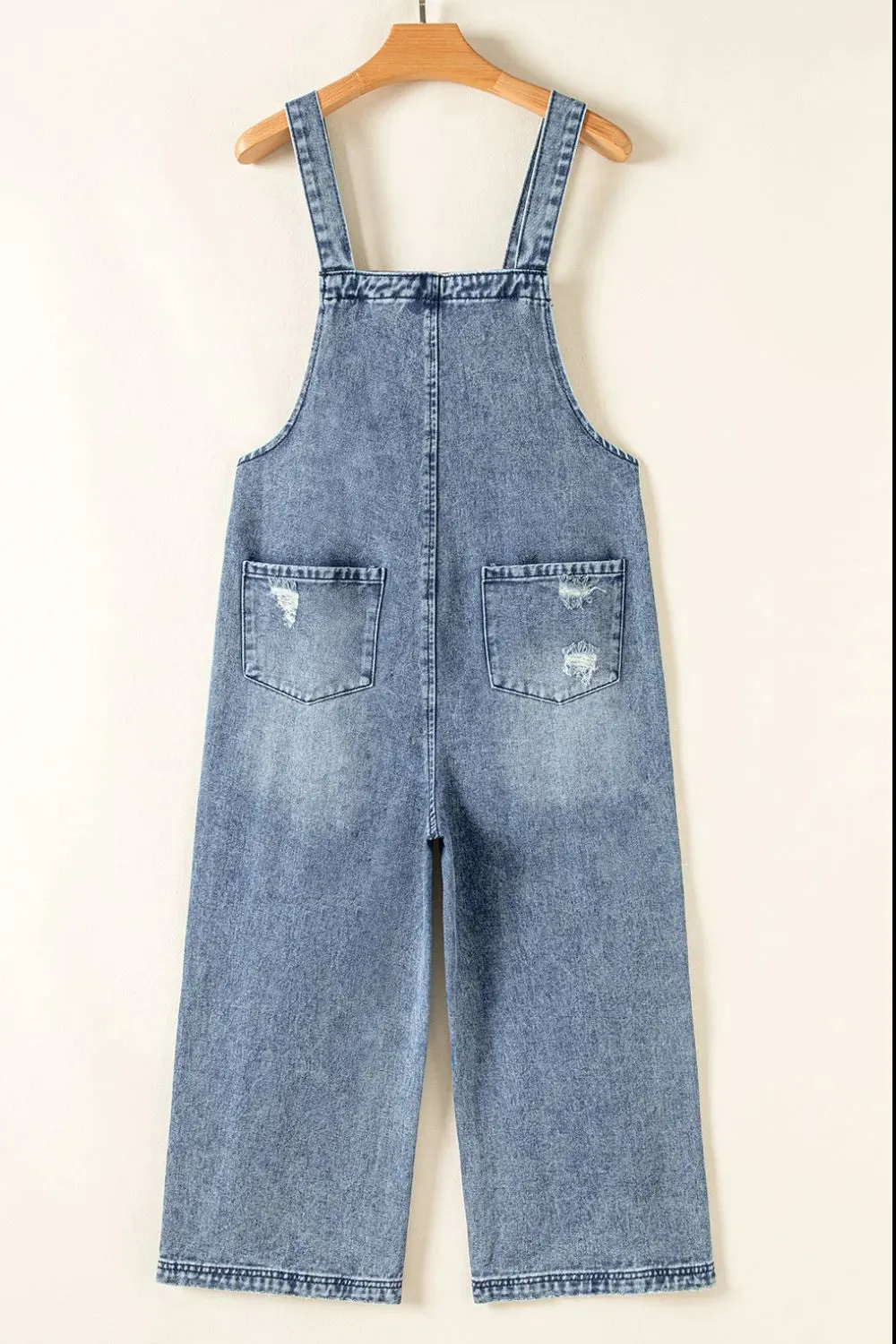 Distressed Bib Pocket Wide Leg Denim Overalls