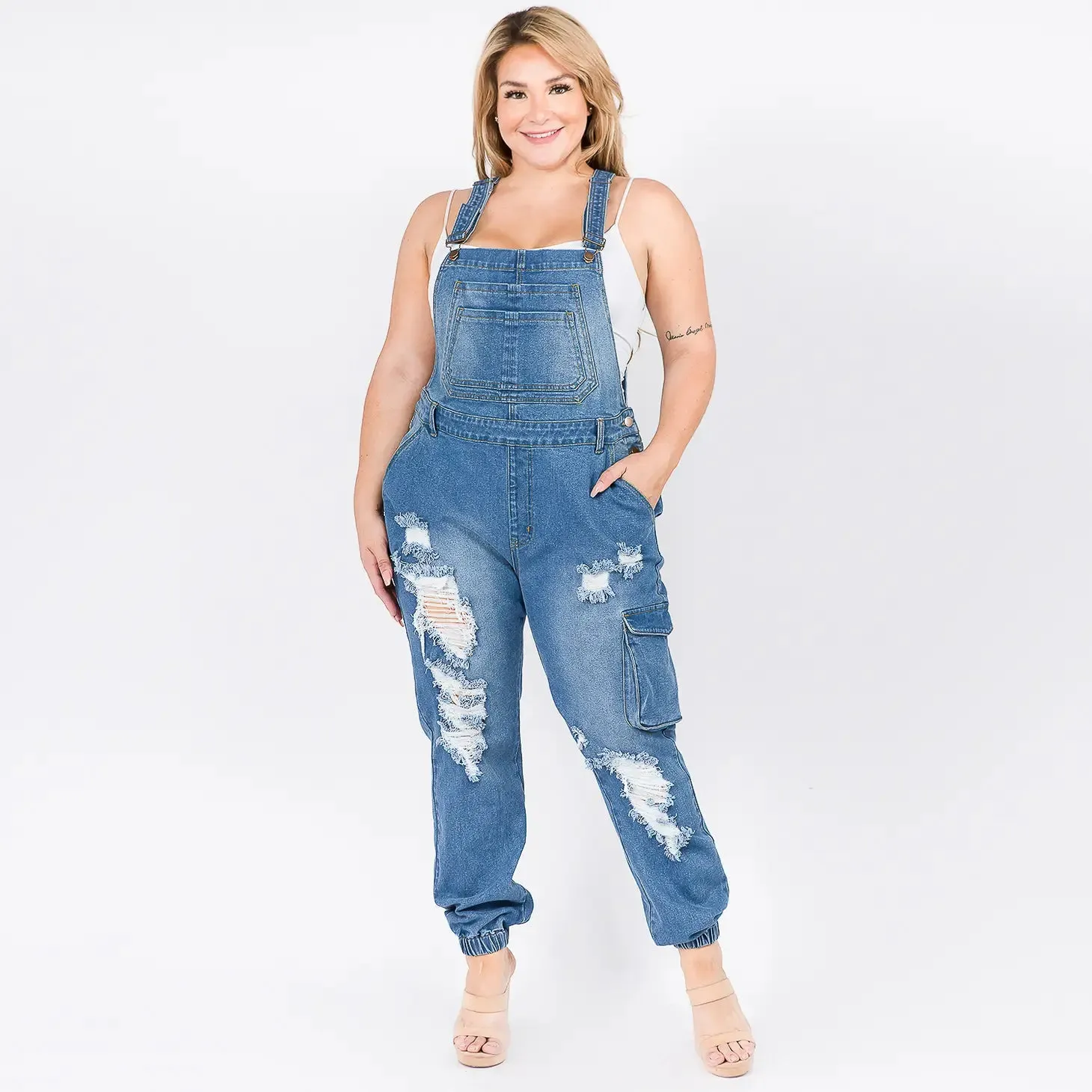 Distressed Denim Overalls Plus Size