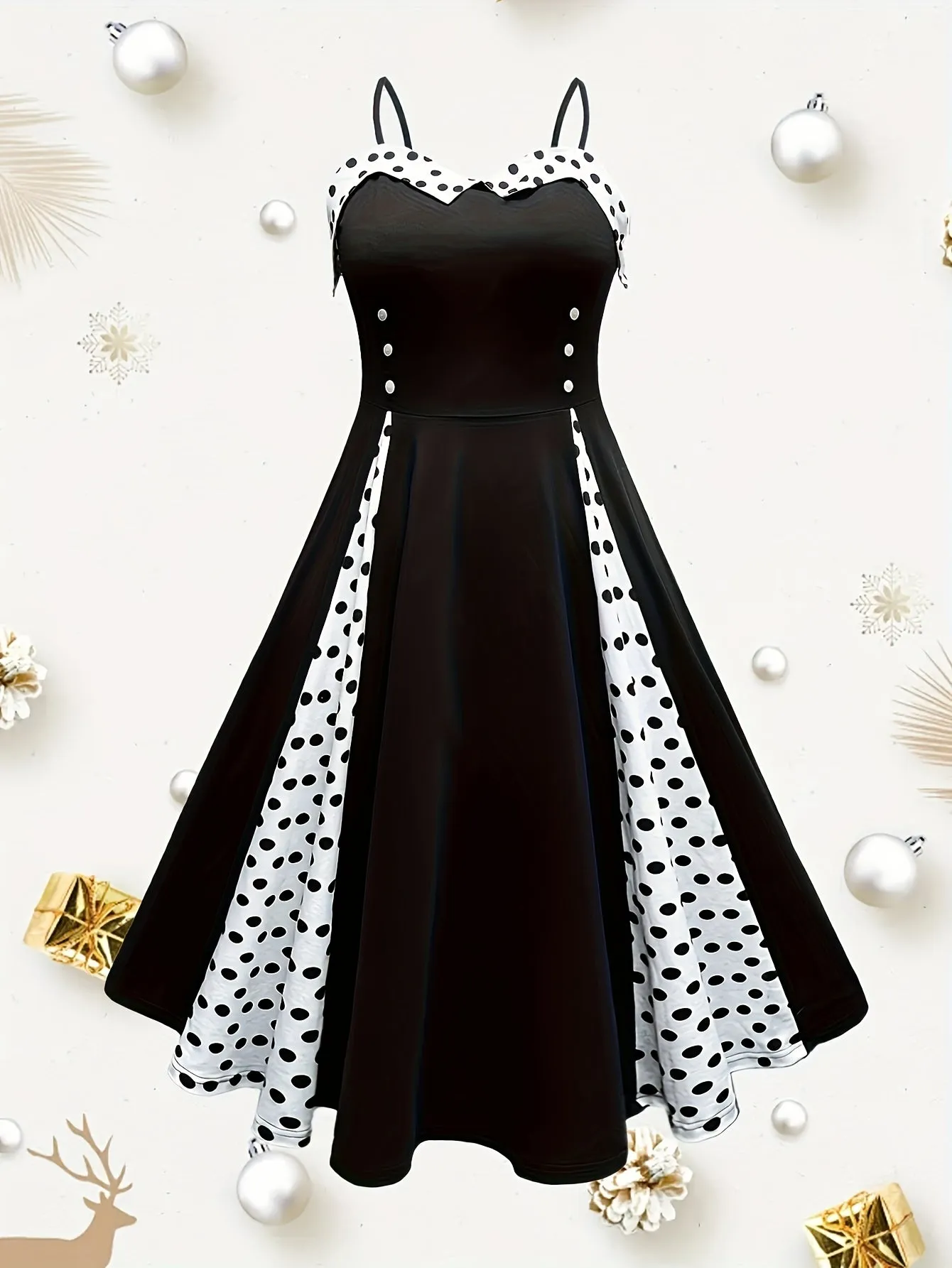 Elegant Plus Size Polka Dot Cami Midi Dress – V-Neck & Stretchy Fit