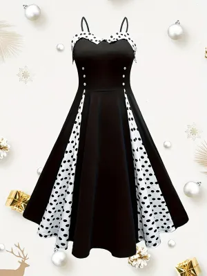 Elegant Plus Size Polka Dot Cami Midi Dress – V-Neck & Stretchy Fit
