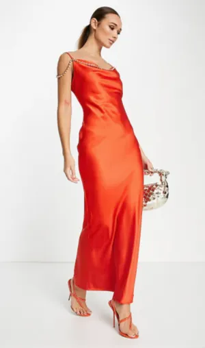 embellished satin cami maxi dress in burnt orange